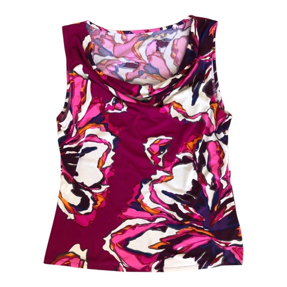 Tahari Purple Pink Geometric Floral Corpcore Cowl Neck Sleeveless‎ Tank Top Sz L - Picture 5 of 10